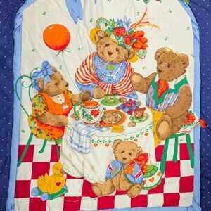 VTG 1980s Handmade Teddy Bear Quilt Blanket 35” X 44” Picnic Tea Party Polka Dot
